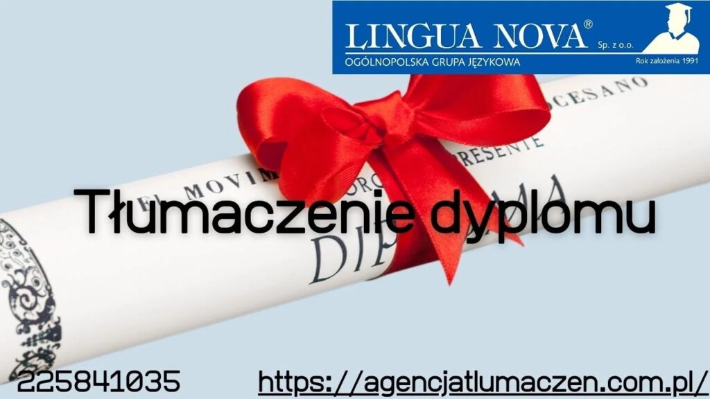 To zdjęcie przedstawia zwinięty dyplom przewiązany czerwoną wstążką. Na dyplomie widoczne są fragmenty tekstu, w tym słowo „MOVI” oraz „DIPLOMA”. Tło jest jasnoniebieskie. U góry obrazu znajduje się niebieski baner z napisem „LINGUA NOVA” oraz „OGÓLNOPOLSKA GRUPA JĘZYKOWA”.